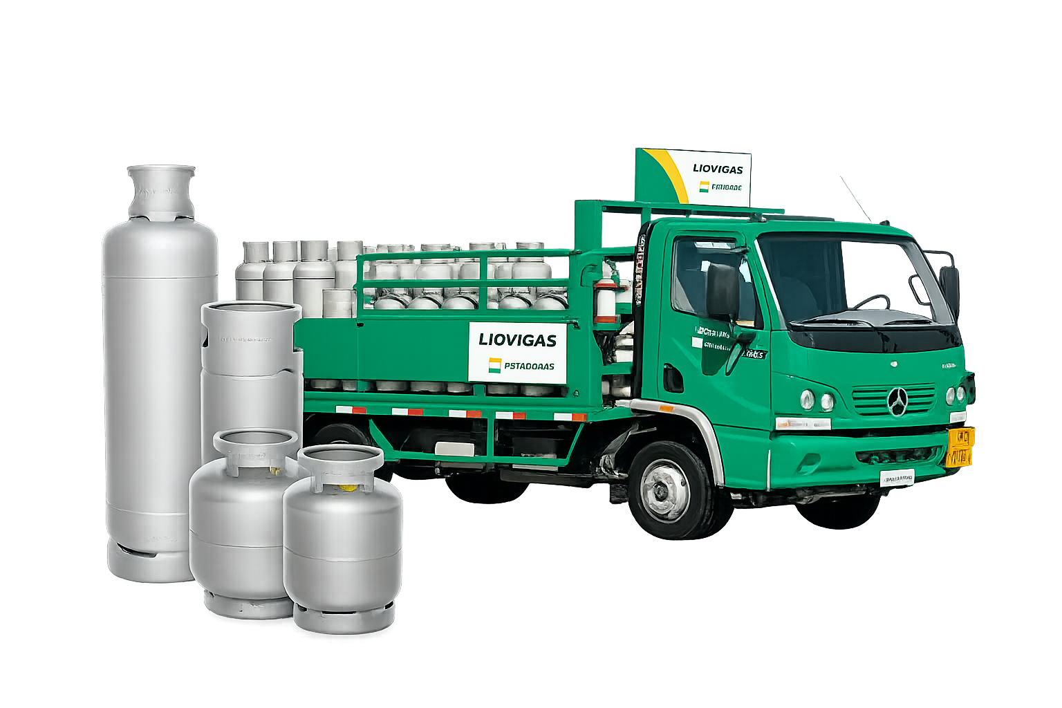 Caminhão de entrega da Liquigás Piraquara ao lado de botijões de gás recém-entregues